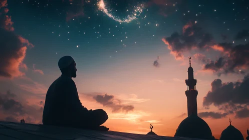 Twilight prayers drift upward as galaxies bloom above