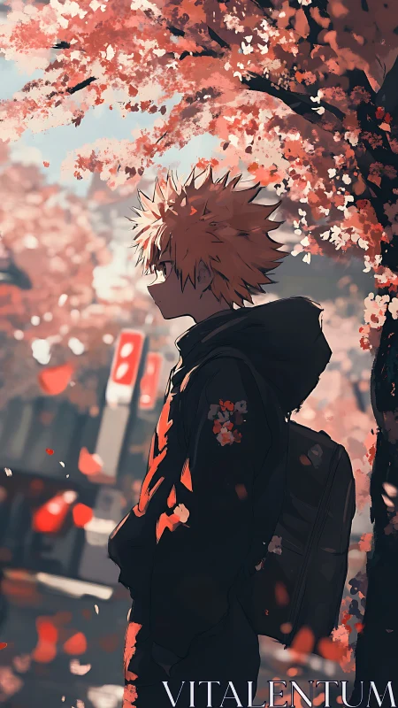 Side-lit anime youth under dense cherry blossom canopy