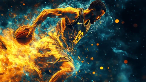 Basketball player drives through blazing blue and orange energy