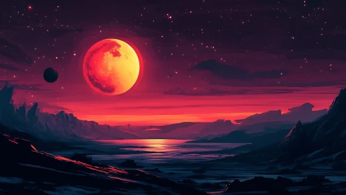 Alien coastline glows beneath a blazing crimson moon.