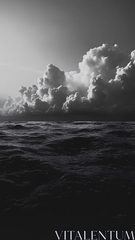 Storm-lit cumulonimbus over dark monochrome ocean horizon.