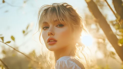 Sunlit portrait of young woman in warm golden backlight.