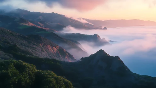 Mist-draped coastal cliffs bask under watercolor sunrise light.
