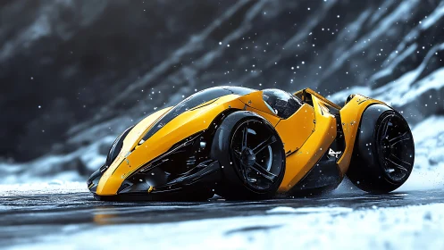Aerodynamic yellow hypercar drifts dynamically through snowy pass
