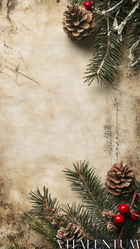 Rustic Christmas pine border with frosted cones and berries.