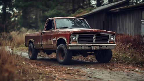 Weathered red pickup truck on rural dirt path near shed.