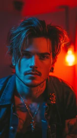 Neon-lit rebel gazes through electric blue and ember glow.