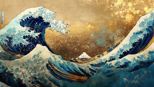 Large stylized ocean waves with distant mountain backdrop.