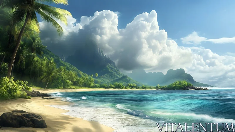 Tropical Island Paradise with Emerald Mountain and White Sand Beach