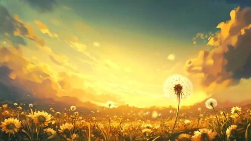 Dandelion seed heads in a yellow field under low sun sky.