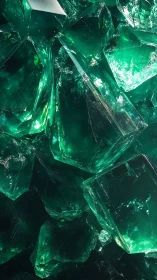 Emerald glass shards catch hard light in crystalline cluster.