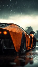 Orange supercar rear view in heavy rain at dusk.