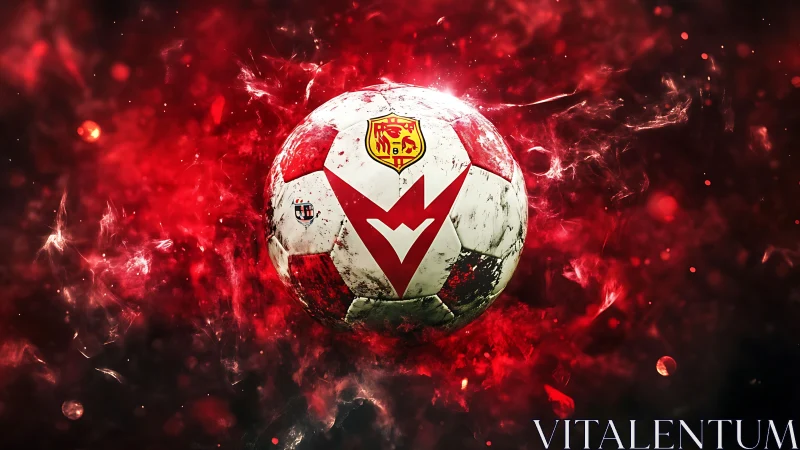 Dynamic soccer ball rendered amid red energy particle vortex field