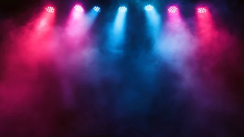 Stage lights cast colorful beams through drifting smoke.
