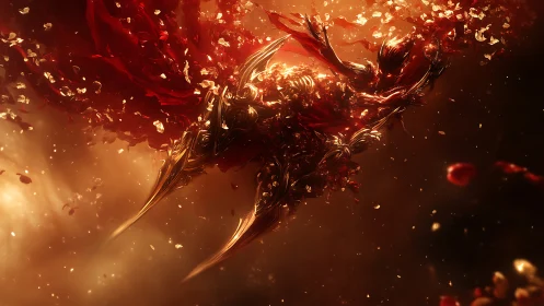 Armored crimson wraith ascends through molten ember bloom