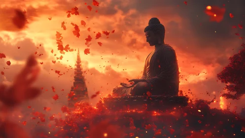 Buddha statue at sunset with falling red leaves in sky.