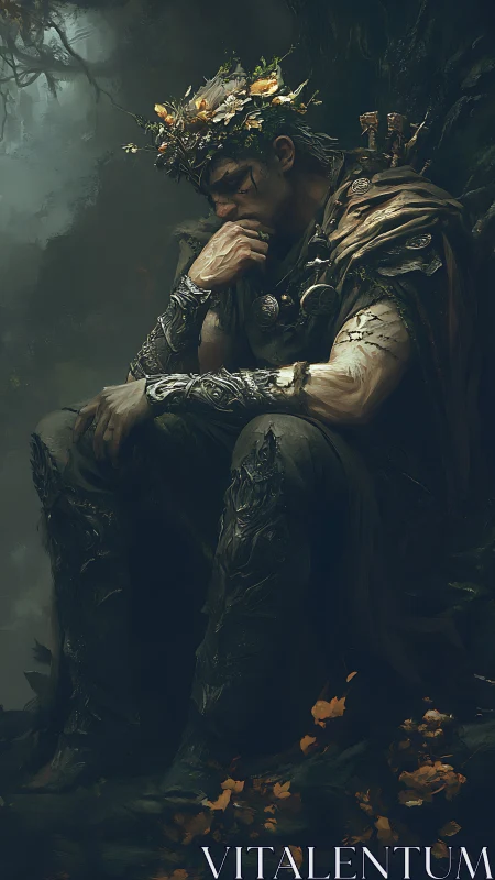 Melancholic forest warrior rests beneath ancient boughs.