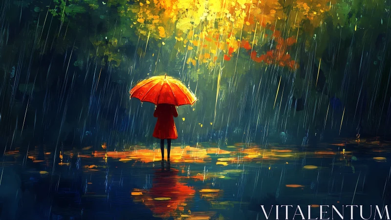 Chromatic rainfall study with solitary figure and specular pool.