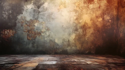 Weathered grunge room wall glows with warm rustic light