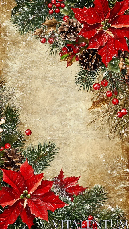 Festive poinsettia and pine Christmas border on gold background.
