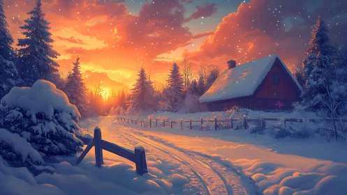Digital painting of winter cabin at sunset with luminous snowfield.