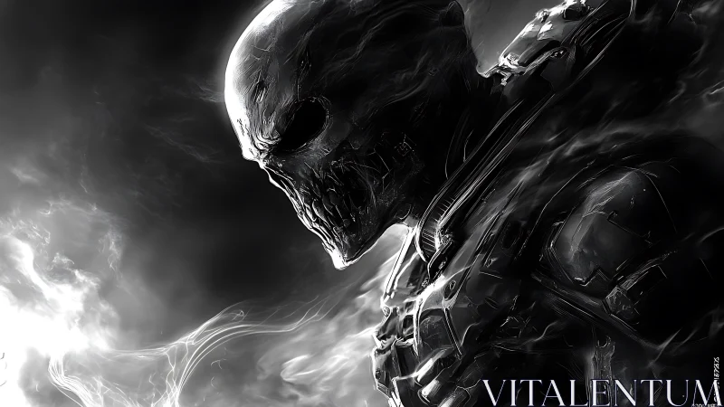 Armored skeletal figure stands in monochrome atmospheric scene