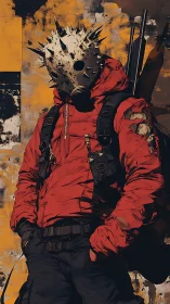 Spiked gas mask survivor rests against distressed urban wall