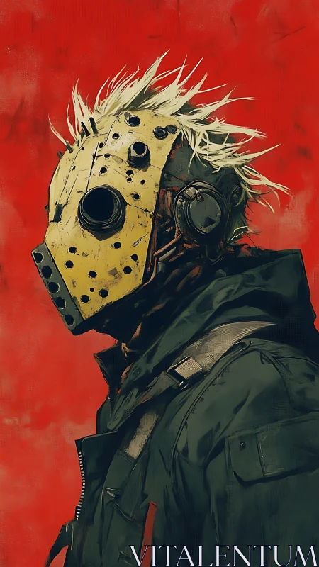 Masked punk figure in profile against red backdrop.