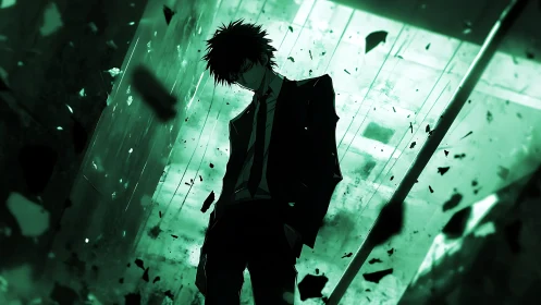 High-contrast anime figure in shattered neon corridor composition.