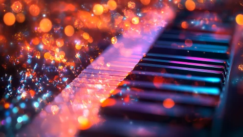 Neon piano keys glow beneath swirling bokeh lights