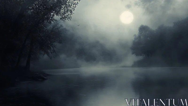 Moonlit mist over still forest lake at midnight.