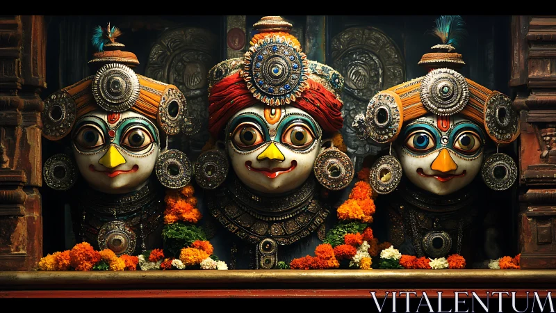 Joyful temple deities glowing in rich colors and flowers.