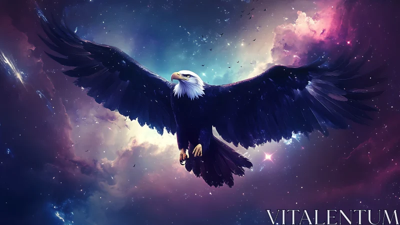 Majestic Bald Eagle Soaring Through Vibrant Cosmic Sky Artwork.