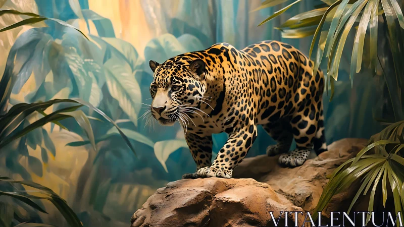 Jaguar poised on rock in softly lit jungle environment, high detail