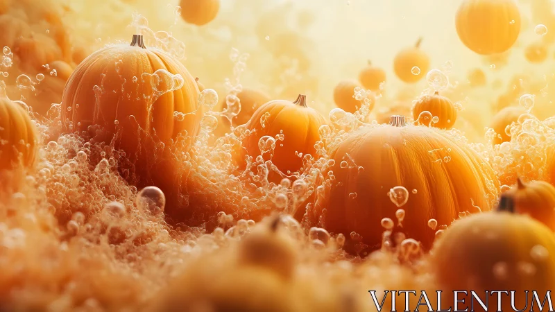 Pumpkins submerged in effervescent golden liquid glow.