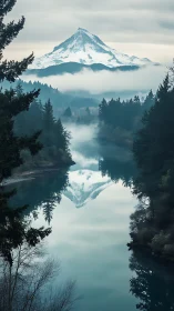 Snowcapped peak mirrored in misty river valley panorama.