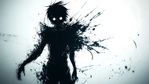 Ink-splattered silhouette character with glowing eyes.