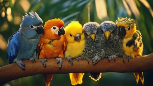 Colorful Baby Parrots on Branch in Natural Sunlight, Vibrant Photo.