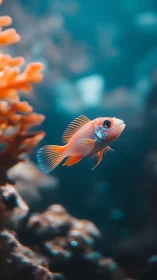 Orange reef fish in blue underwater scene with coral forms.