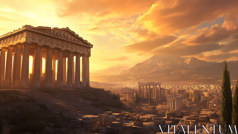 Sunlit Parthenon crowns ancient Athens in golden evening haze