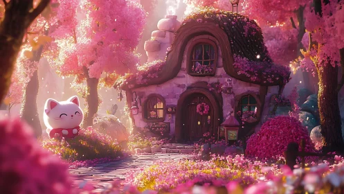 Cat figurine beside cottage in dense pink blossom forest.