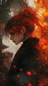 Quiet ember-haired warrior framed by drifting temple flames.