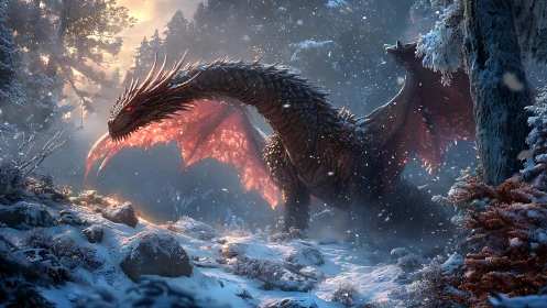 Firelit dragon prowls a snowy enchanted forest at dawn.