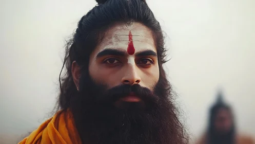 Man with painted forehead marking stares directly into camera