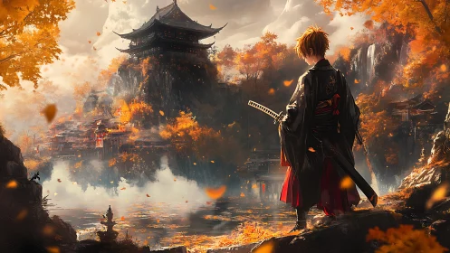 Samurai over autumn lake facing misty mountain temple.
