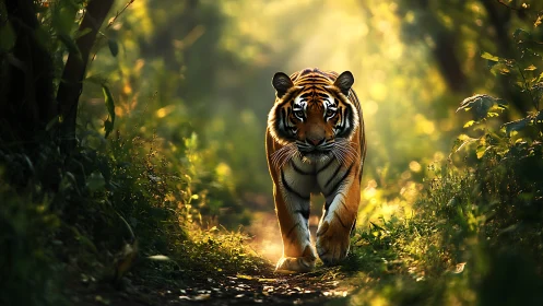 Golden forest light welcomes a calm tiger on the path