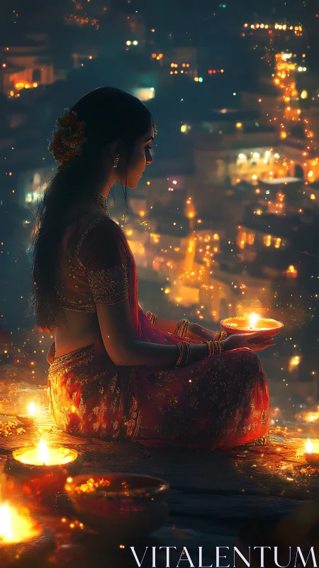 Woman holding oil lamp amid dense city lights at night.