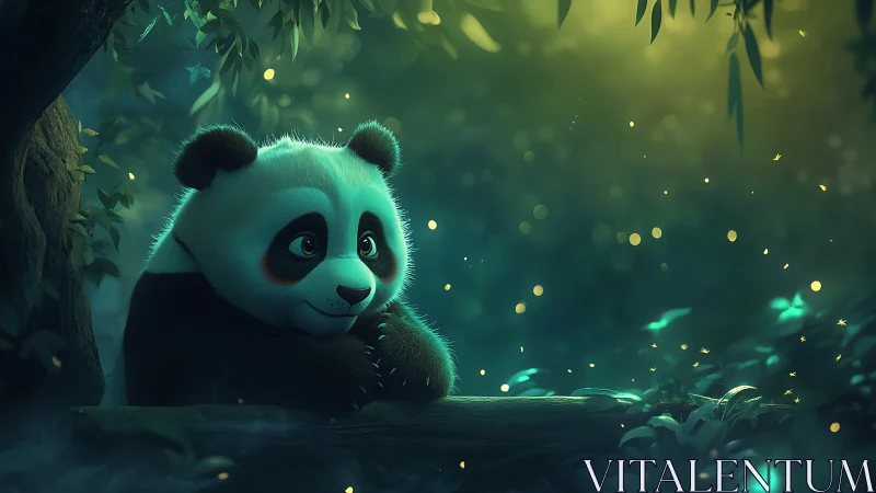 Bioluminescent forest tableau with contemplative panda cub.