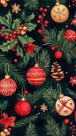Dense Christmas foliage pattern with stylized ornaments and holly