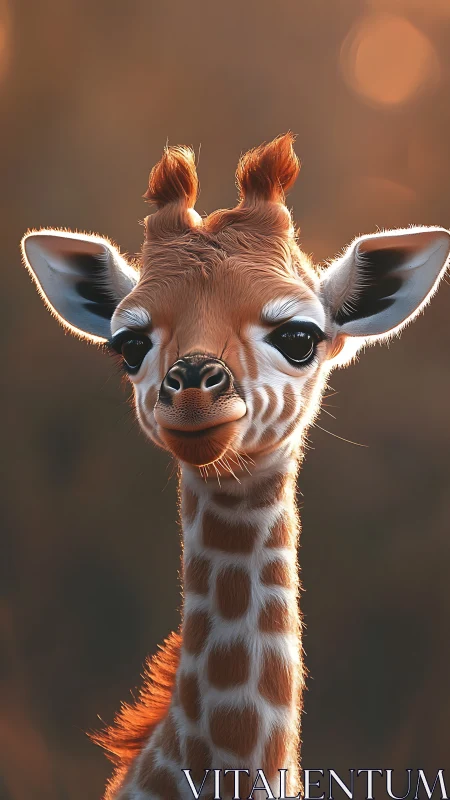 Juvenile giraffe portrait in warm rim-lit golden sunset.
